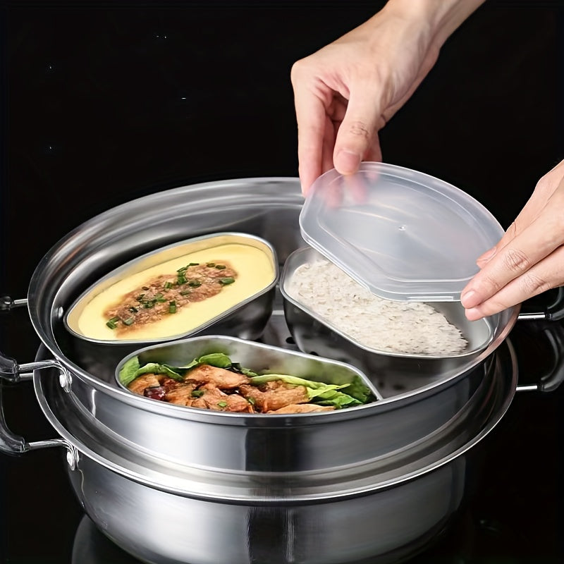 3pcs Stainless Steel Steamer Set - Fan-Shaped, Multi-Compartment Steaming Box with Tray & Divider for Kitchen and Dining