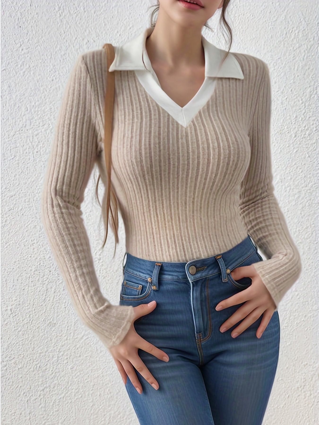 Sixsr Slim Rib Knit Sweater, Casual V Neck Long Sleeve Sweater, Women's Clothing