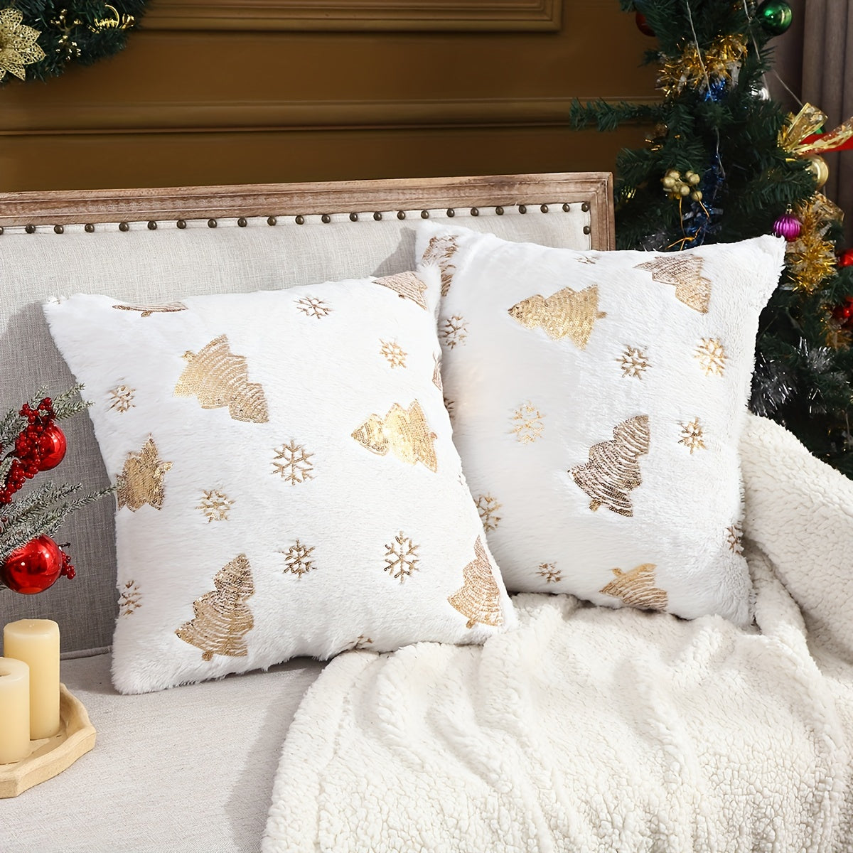 2pcs Snowflake Embroidery Christmas Throw Pillow Covers, Home Decor Throw Pillowcase for Bedroom, Living Room, Sofa, Car