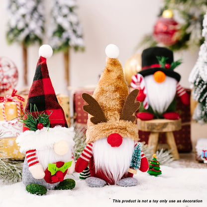 3Pcs Deer Antler Dwarf Rudolf Dolls, Plaid Hats, Elegant Decorative Tabletop Faceless Dwarf Standing Christmas Decorations