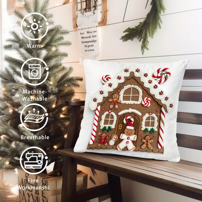 Festive 17.7" x 17.7" Christmas Gingerbread House Pillow Cover - Soft, Breathable, Machine-Washable, and Durable for Sofa, Living Room, Bedroom Home Decoration - Perfect for Holiday Season, No Pillow Insert Included