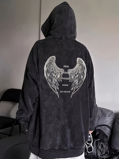 Sixsr Angel Wings & Letter Print Pullover Hoodie, Casual Long Sleeve Kangaroo Pocket Hoodie Sweatshirt, Women's Clothing