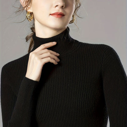 Sixsr Solid Turtle Neck Knitted Top, Casual Long Sleeve Slim Basic Versatile Sweater, Women's Clothing