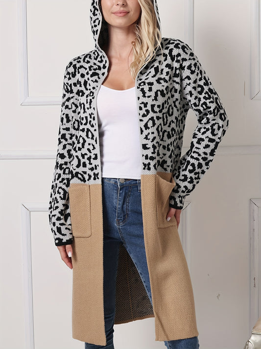 Letter & Leopard Pattern Knit Hooded Cardigan, Casual Long Sleeve Mid Length Sweater With Pocket, Women's Clothing