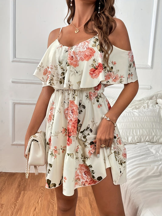 Sixsr  Floral Print Cold Shoulder Dress, Casual Ruffle Trim Dress For Spring & Summer, Women's Clothing