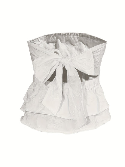 Solid Layered Hem Tube Top, Versatile Tie Back Strapless Top, Women's Clothing
