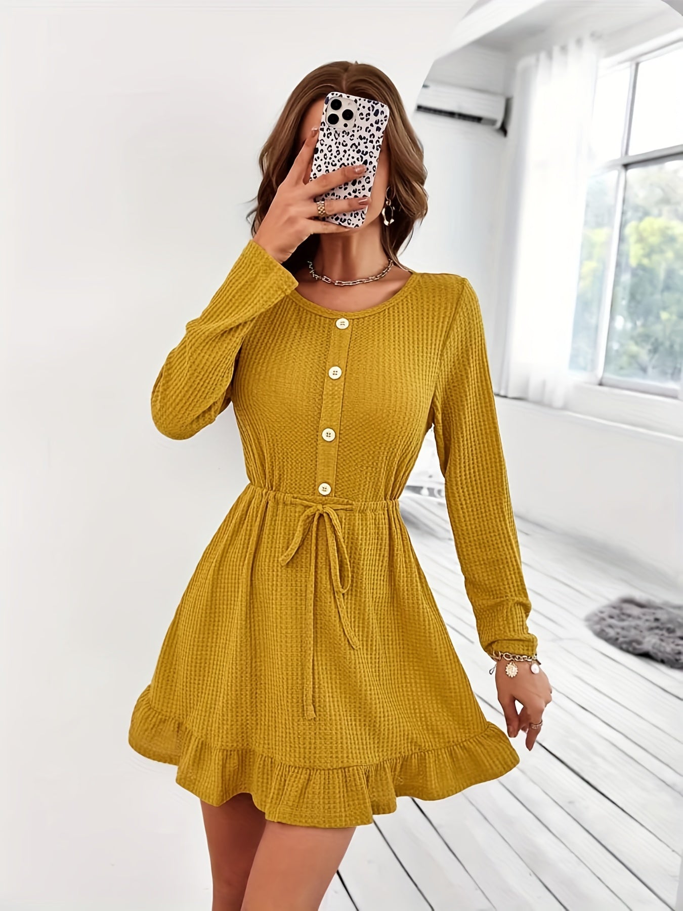 Sixsr Ruffle Hem Button Front Dress, Casual Long Sleeve Crew Neck Drawstring Dress, Women's Clothing