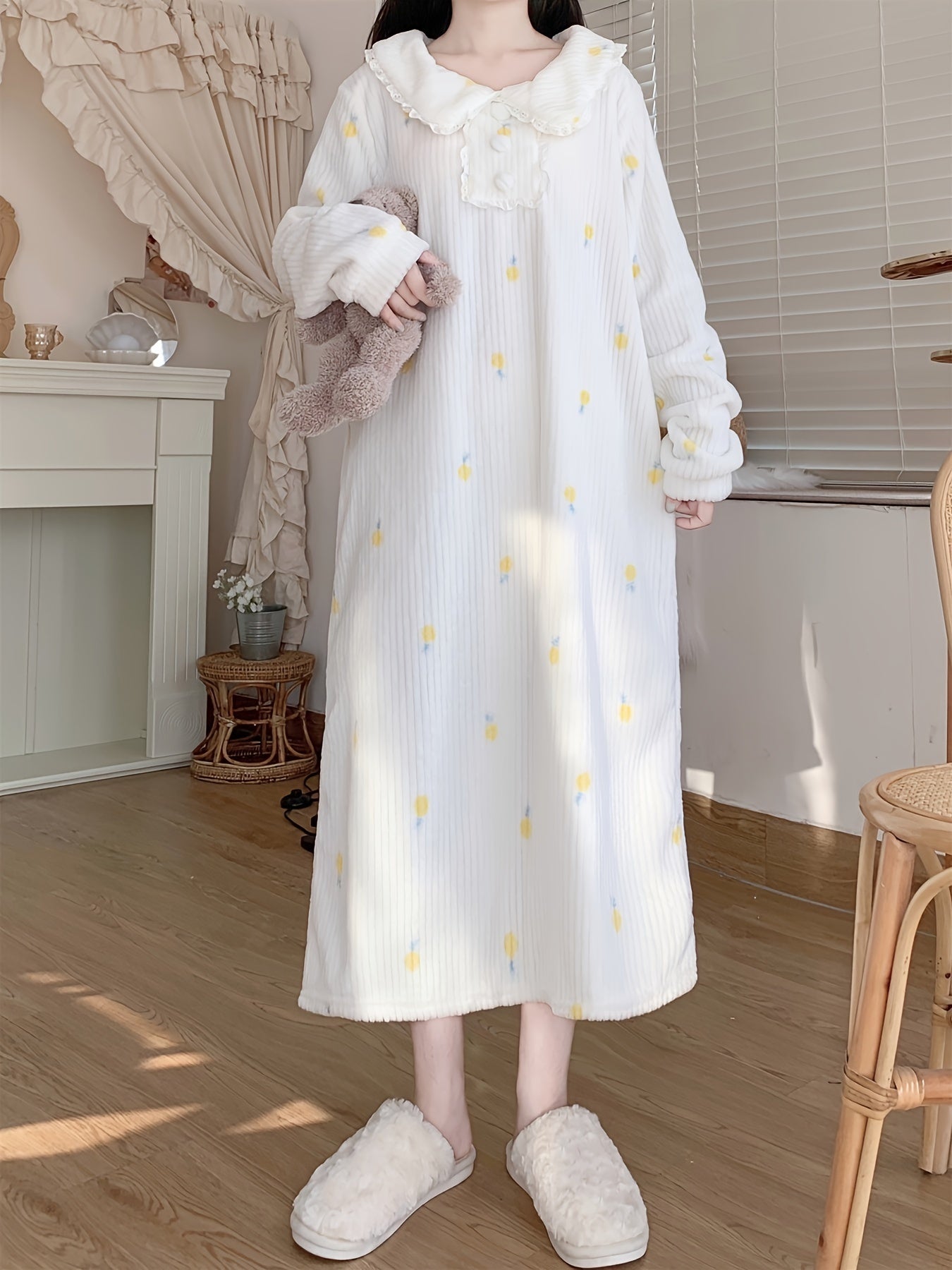 Sixsr Pineapple Print Fuzzy NightDress, Long Sleeve Lapel Pajama Dress, Women's Sleepwear & Dresses