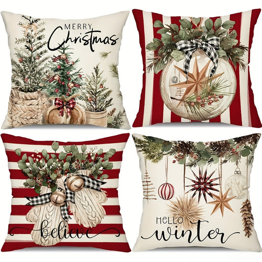 4-Pack Luxurious Winter Wonderland Linen Throw Pillow Covers - 18x18 Inch Zipper Closure Machine Washable Decorative Cushion Cases for Cozy Living Room and Farmhouse Decor with Vibrant Colors and Soft Texture