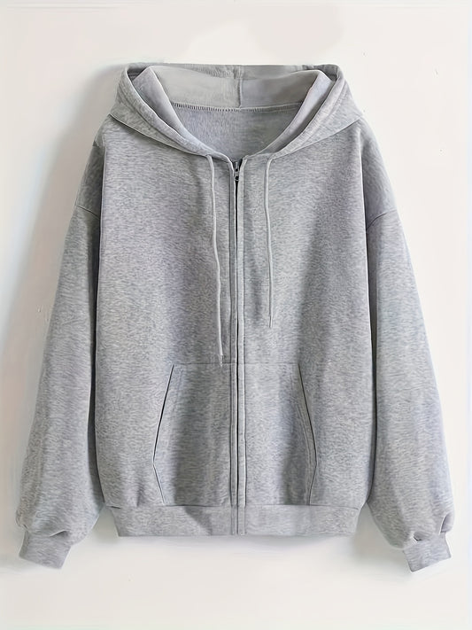 Sixsr Solid Drawstring Zipper Front Hoodie, Casual Long Sleeve Hoodie For Spring & Fall, Women's Clothing