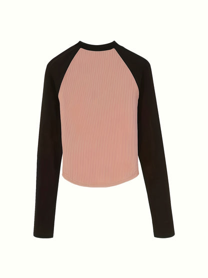 Sixsr Graphic Pattern Colorblock Mock Neck T-Shirt, Casual Long Sleeve Top For Spring & Fall, Women's Clothing
