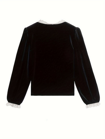 Sixsr Lace Stitching V-neck Velvet Blouse, Vintage Long Sleeve Button Front Blouse For Spring & Fall, Women's Clothing