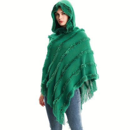 Sixsr Loose Knit Hooded Pullover Poncho Large Solid Color Batwing Tassel Shawl Autumn Winter Travel Outside Windproof Cape