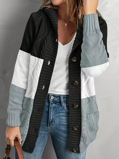 Color Block Button Front Cardigan, Casual Hooded Long Sleeve Cardigan For Spring & Fall, Women's Clothing