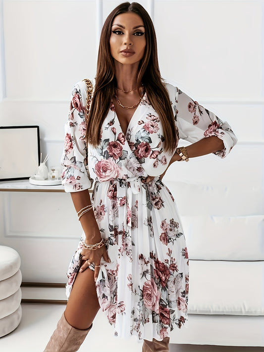 Floral Print Split Hem A-line Dress, Vintage V Neck Long Sleeve Dress, Women's Clothing