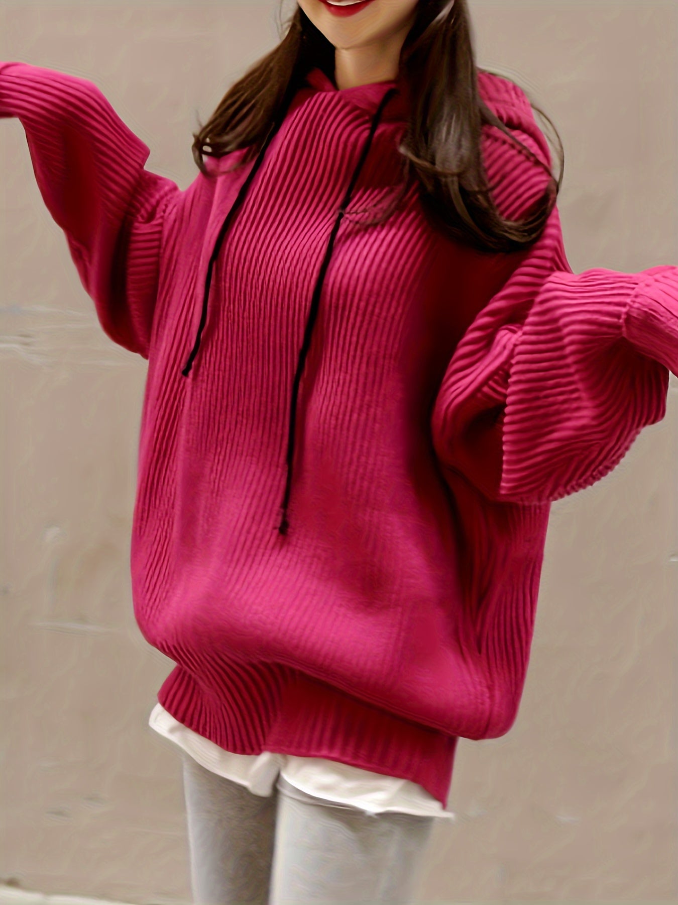 Sixsr Solid Drawstring Hooded Pullover Sweater, Casual Long Sleeve Oversized Sweater, Women's Clothing