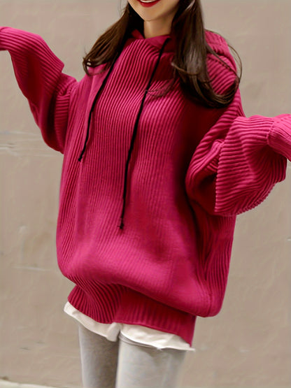 Sixsr Solid Drawstring Hooded Pullover Sweater, Casual Long Sleeve Oversized Sweater, Women's Clothing