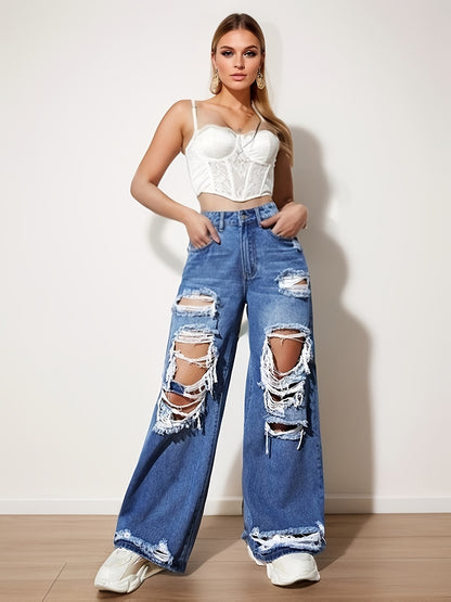 Sixsr  Ripped Straight Leg Loose Fit Jeans, High Rise Wide Legs Distressed Denim Pants, Women's Denim Jeans & Clothing