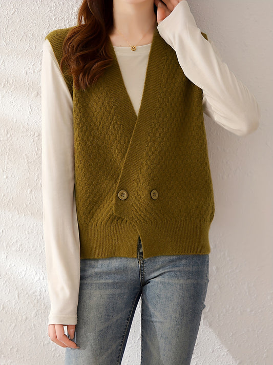 Sixsr Solid Button Front Vest, Vintage V Neck Sleeveless Vest, Women's Clothing