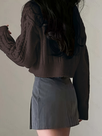 Sixsr Solid Zip Up Cable Knit Cardigan, Casual Turndown Collar Long Sleeve Crop Sweater, Women's Clothing