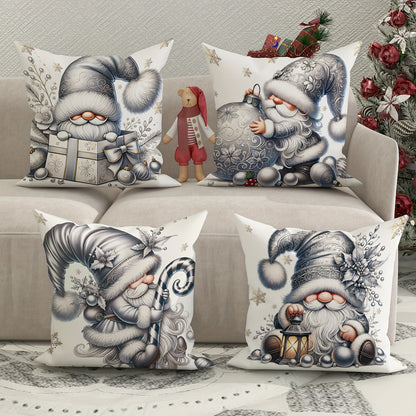Set of 4 Christmas Gnome and Poinsettia Decorative Cushion Covers, 18x18 Inch, Contemporary Style Zippered Cases for Sofa and Living Room, Machine Washable, 100% Polyester, Woven Fabric Inserts Not Included