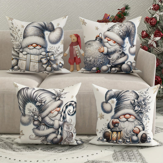 Set of 4 Christmas Gnome and Poinsettia Decorative Cushion Covers, 18x18 Inch, Contemporary Style Zippered Cases for Sofa and Living Room, Machine Washable, 100% Polyester, Woven Fabric Inserts Not Included