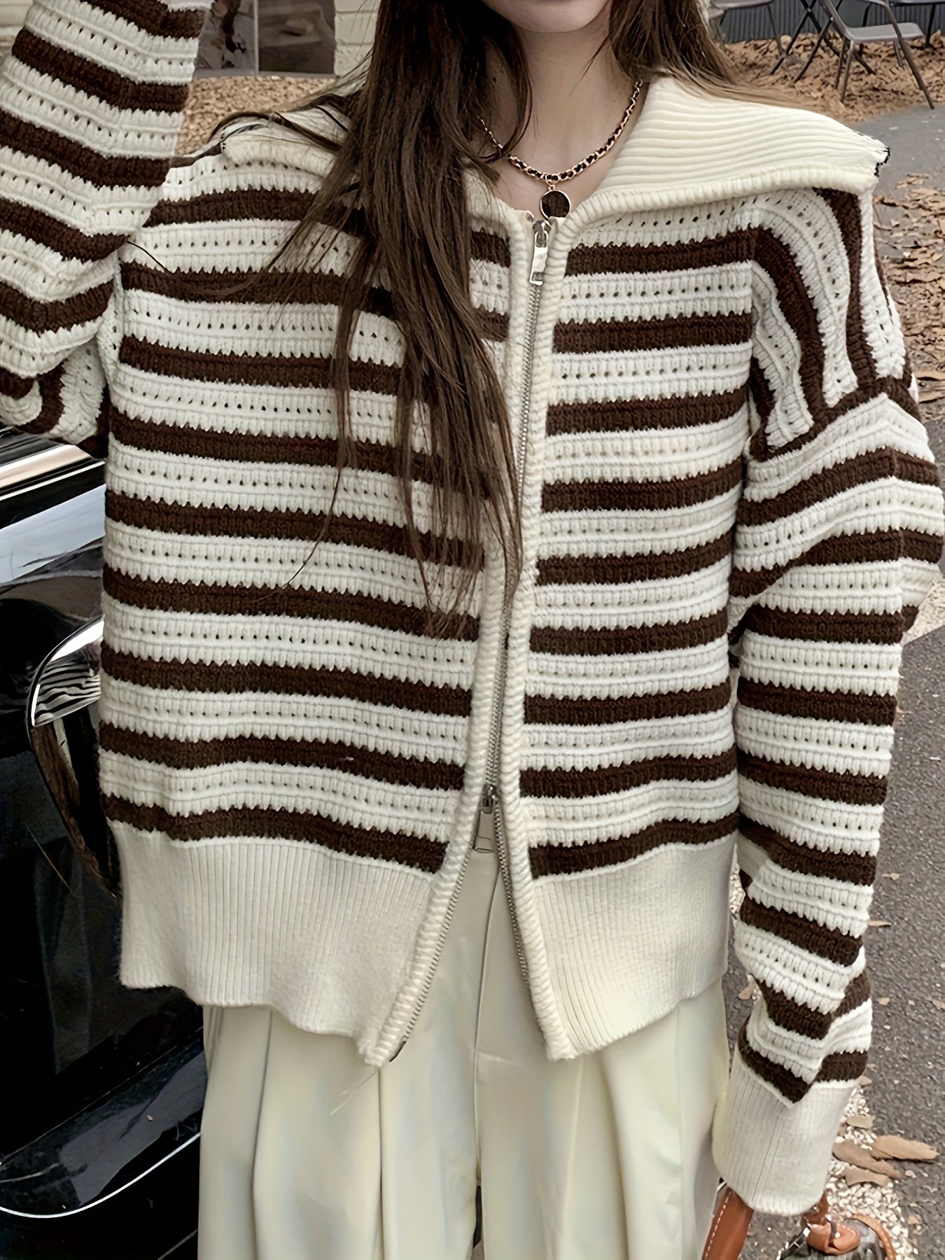 Sixsr Long Sleeve Striped Cardigan, Zip Up Casual Sweater, Women's Clothing