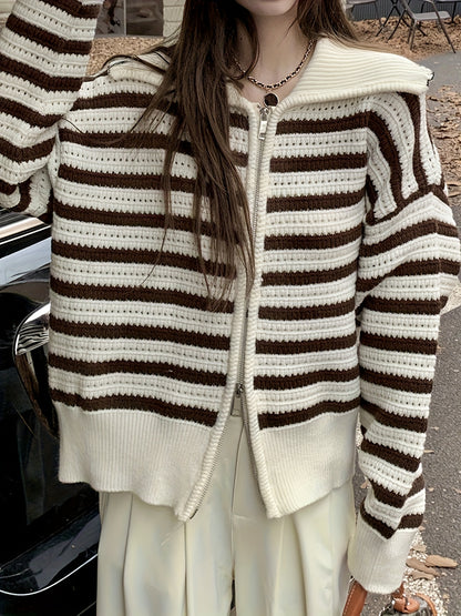Sixsr Long Sleeve Striped Cardigan, Zip Up Casual Sweater, Women's Clothing