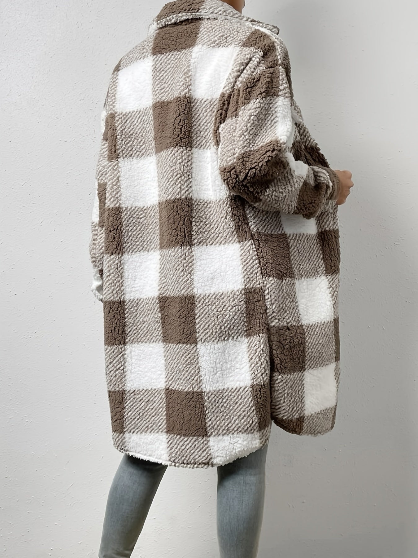 Sixsr Plaid Pattern Teddy Coat, Casual Button Front Long Sleeve Outerwear, Women's Clothing