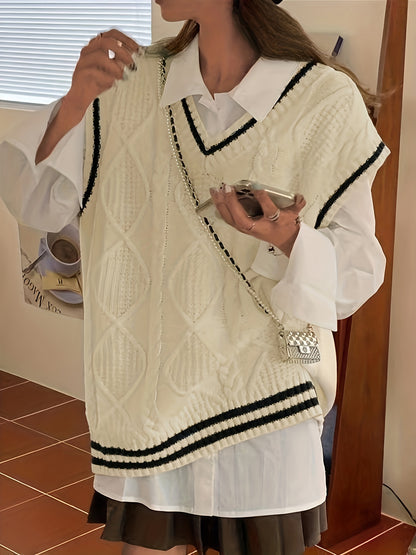 Sixsr Striped V Neck Knitted Vest, Casual Sleeveless Color Block Vest For Fall & Winter, Women's Clothing