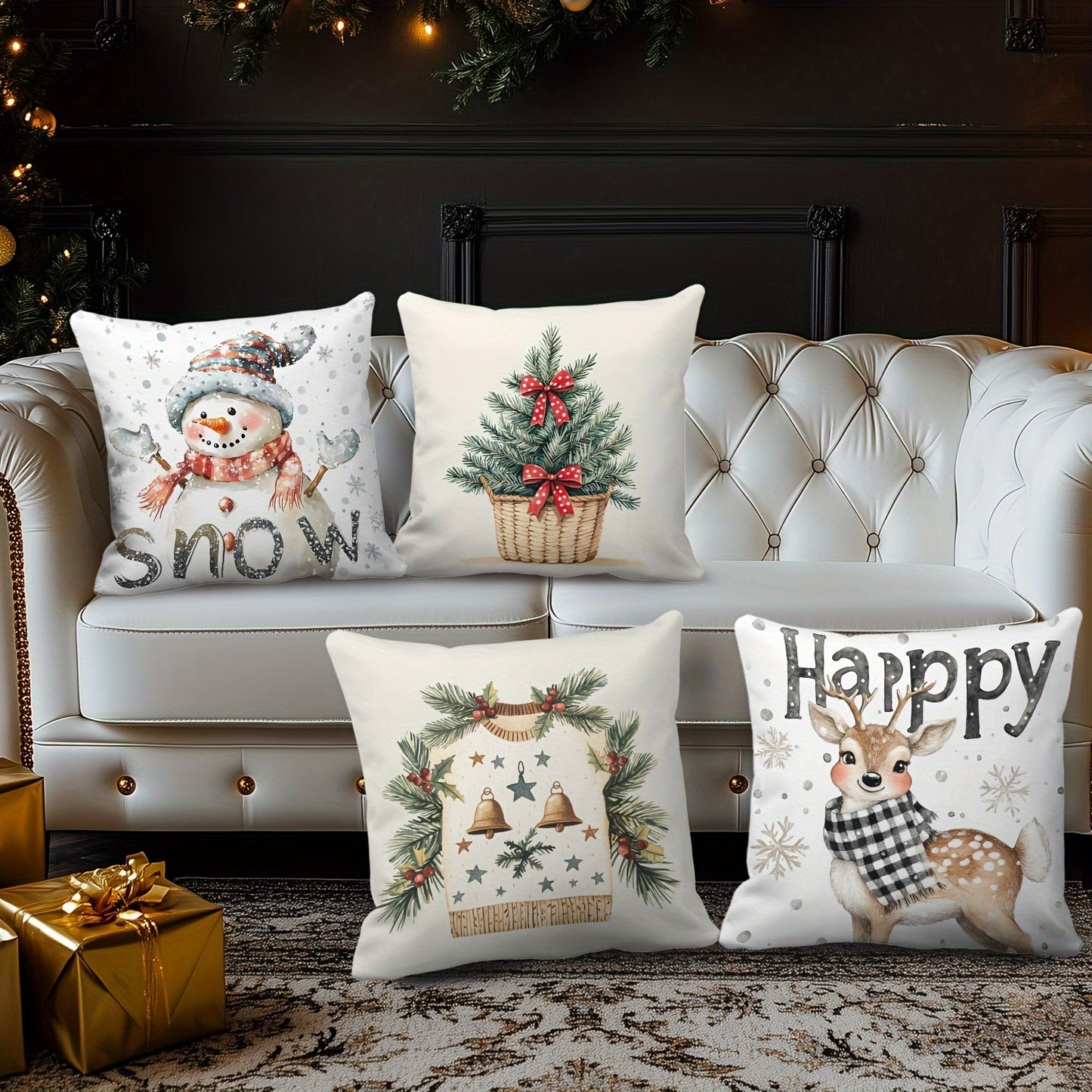 4pcs Festive Christmas Throw Pillow Covers, Contemporary Style, Snowman & Reindeer Print, 100% Polyester, Zipper Closure, Machine Washable, Decorative Cushion Cases for Living Room (No Insert)