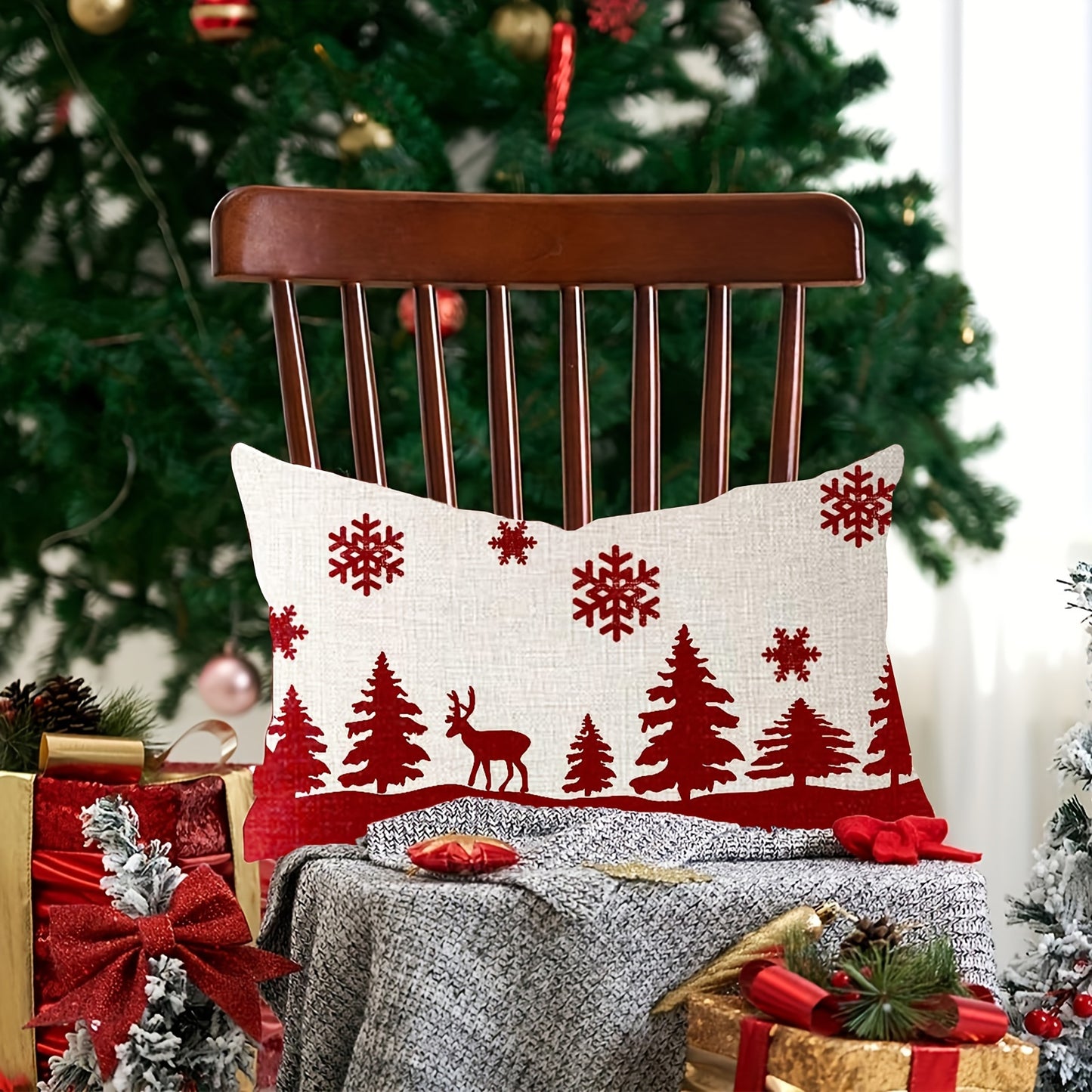 2PCS Festive Christmas Throw Pillow Covers - Red Snowflakes, Moose & Reindeer Design, Winter Christmas Farmhouse Home Decor, 18X18 inches, No Inserts Included