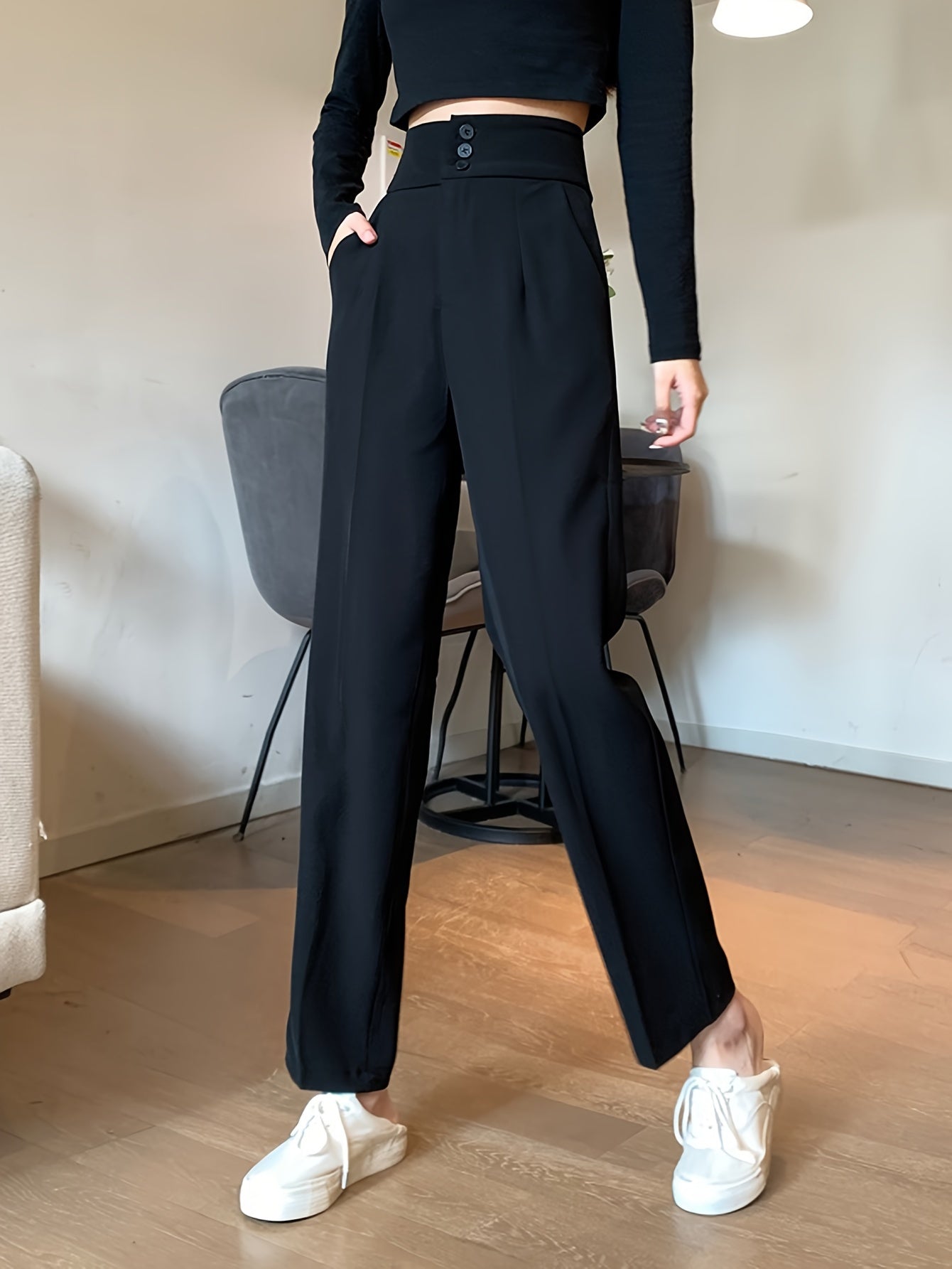 Sixsr Solid Button Front Straight Leg Pants, Versatile High Waist Pants For Spring & Fall, Women's Clothing