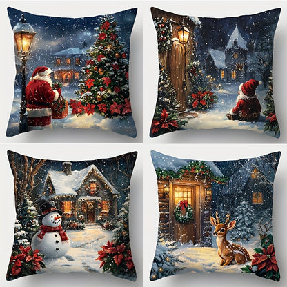 JIT Set of 4 Christmas Pillow Covers – Contemporary Hand Washable Throw Pillowcases with Santa, Gnome, Snowman, & Deer Prints – Zippered Polyester Cushion Covers for Living Room Decor, 18x18 Inches
