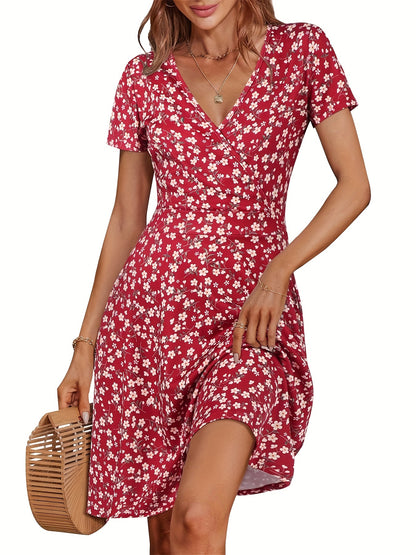 Ditsy Floral Print Dress, Vacation V Neck Short Sleeve Wrap Dress, Women's Clothing