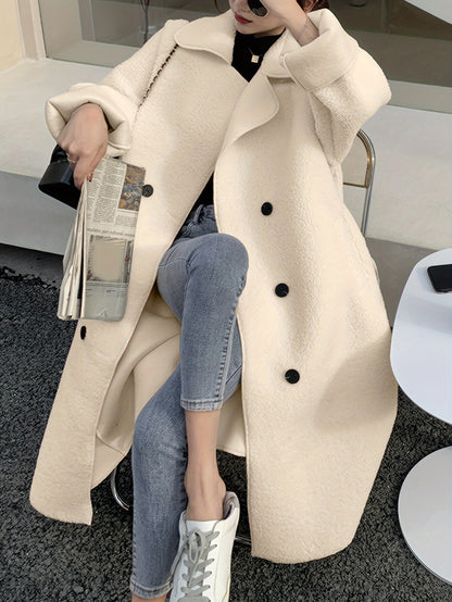 Sixsr Solid Double Breasted Belted Overcoat, Elegant Long Sleeve Outwear For Fall & Winter, Women's Clothing