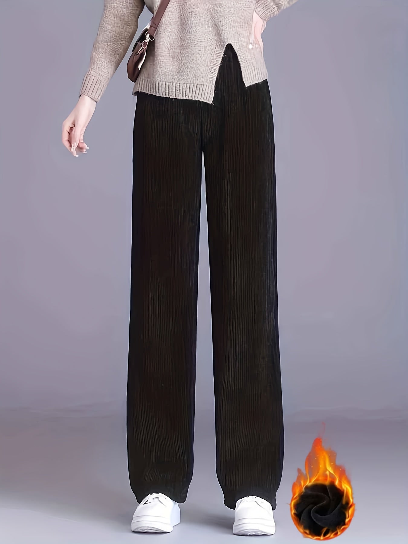 Sixsr Solid Fleece Straight Leg Pants, Casual High Waist Thermal Pants For Fall & Winter, Women's Clothing