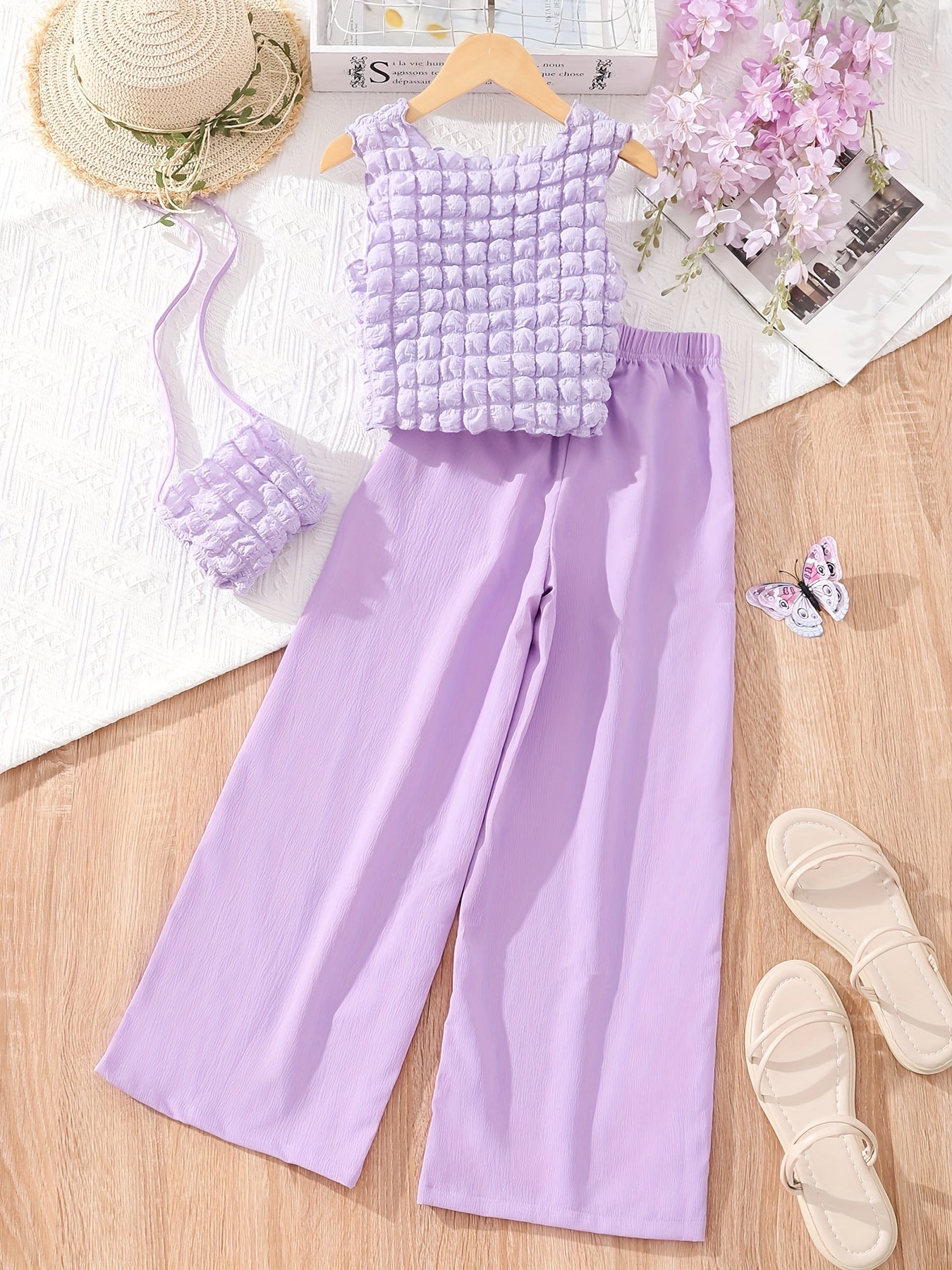 Girls 3pcs Round Neck Sleeveless Puff Textured Top & Long Pants & Crossbody Bag Solid Color Elegant Casual Kids Clothes For Spring And Summer