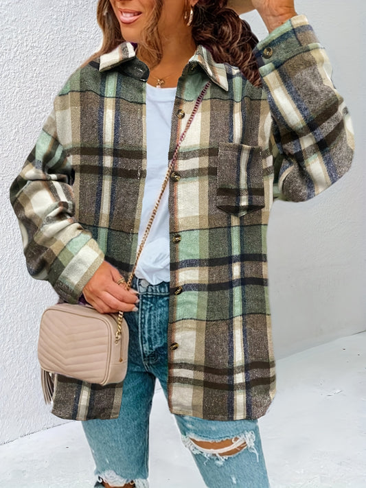Sixsr Plaid Print Shacket Jacket, Casual Button Front Long Sleeve Outerwear, Women's Clothing