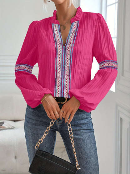 Sixsr Colorful Lace Stitching Blouse, Casual Long Sleeve Blouse For Spring & Fall, Women's Clothing