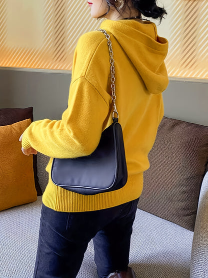 Sixsr Letter Pattern Button Hooded Sweater, Casual Long Sleeve Drop Shoulder Sweater For Fall & Winter, Women's Clothing
