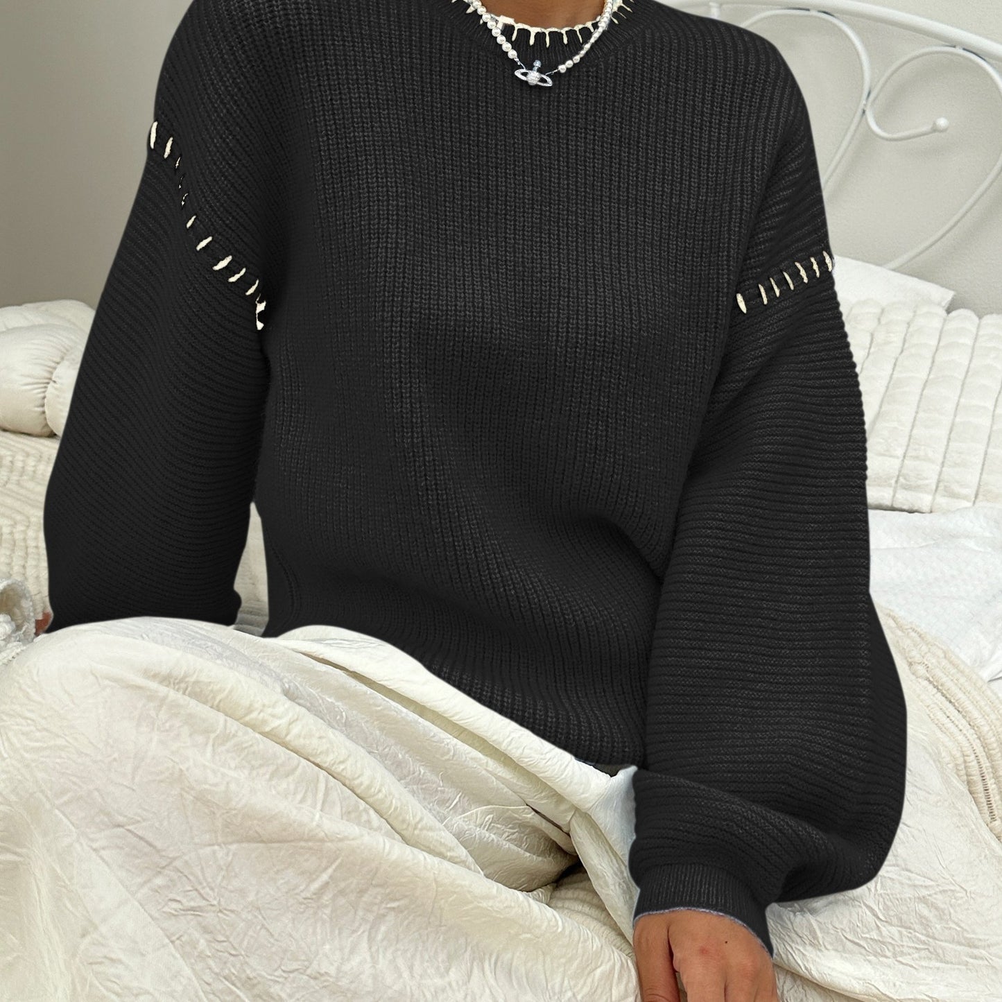 Sixsr Contrast Trim Crew Neck Sweater, Casual Long Sleeve Sweater For Fall & Winter, Women's Clothing