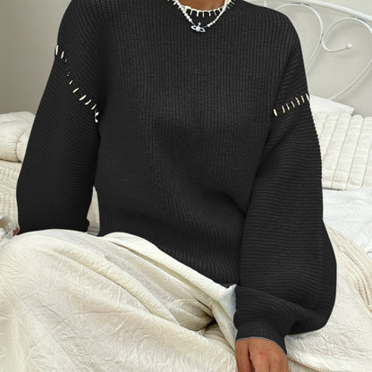 Sixsr Contrast Trim Crew Neck Sweater, Casual Long Sleeve Sweater For Fall & Winter, Women's Clothing