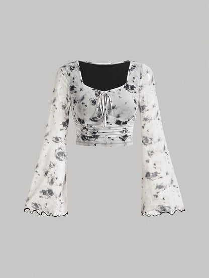 Sixsr Tie Dye Print Tie Front Ruched T-Shirt, Casual Long Flare Sleeve Top For Spring & Fall, Women's Clothing
