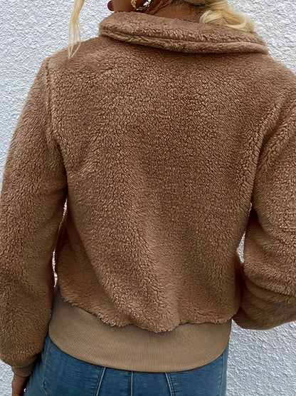 Sixsr Solid Button Front Plush Jacket Coat, Casual Long Sleeve Warm Coat, Women's Clothing