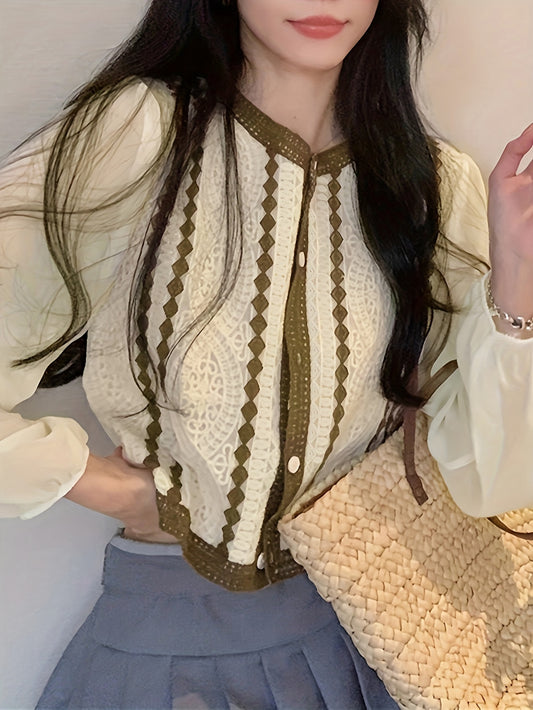 Sixsr Contrast Trim Button Front Blouse, Elegant Long Sleeve Blouse For Spring & Fall, Women's Clothing