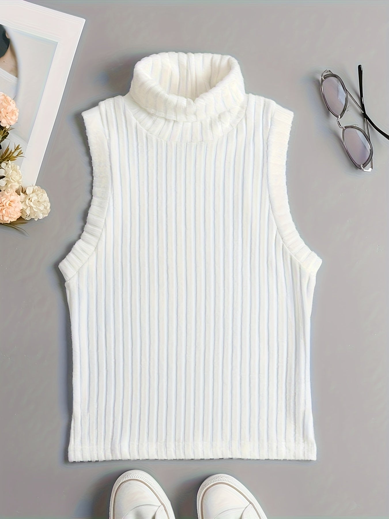 Sixsr Rib Knit High Neck Sweater Knitted Top, Sleeveless Casual Tank Top, Women's Clothing
