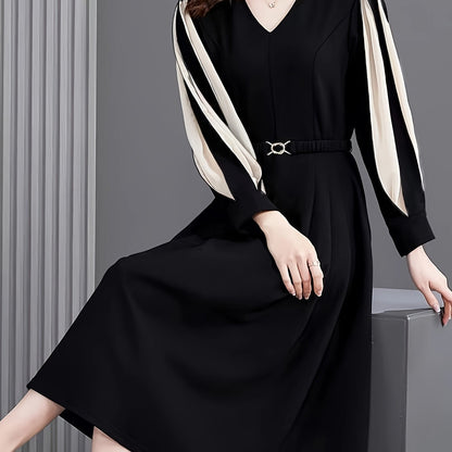 Sixsr Color Block V Neck Dress, Casual Long Sleeve Versatile Dress, Women's Clothing