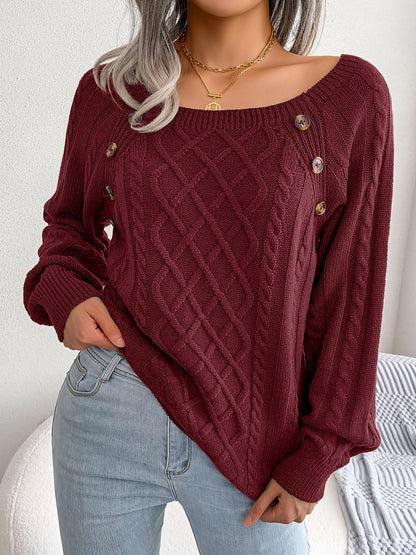 Cozy Women's Sweater with Textured Button Lantern Sleeves