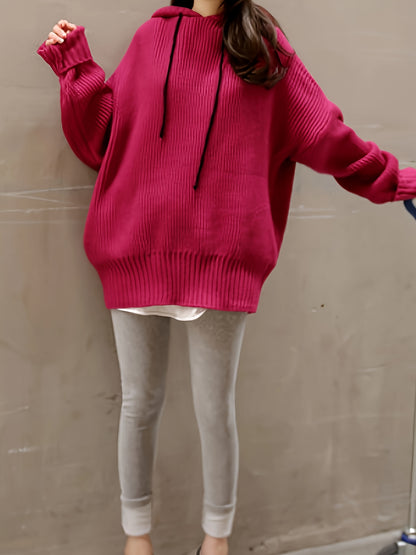 Sixsr Solid Drawstring Hooded Pullover Sweater, Casual Long Sleeve Oversized Sweater, Women's Clothing